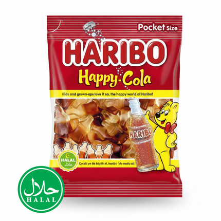 Haribo Halal Happy-Cola Fruchtgummi, Pocket Size Beutel mit Cola-Formgummis, 100 g
