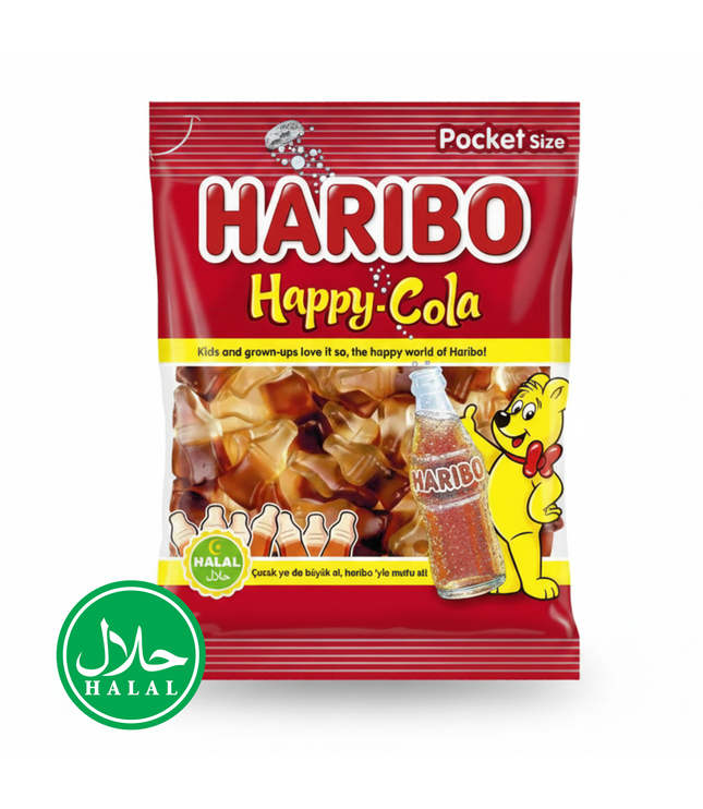 Haribo Halal Happy-Cola Fruchtgummi, Pocket Size Beutel mit Cola-Formgummis, 100 g
