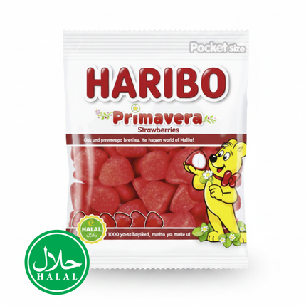 Haribo Erdbeer-Fruchtgummi Pocket-Size, Halal gelabelte Verpackung mit Beeren-Design
