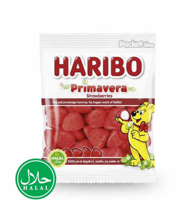 Haribo Halal Erdbeer-Fruchtgummi im Beutel mit roten Gummies.