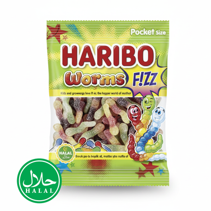 Haribo Fizz Würmer Fruchtgummi-Tüte mit Halal-Siegel, Pocket size