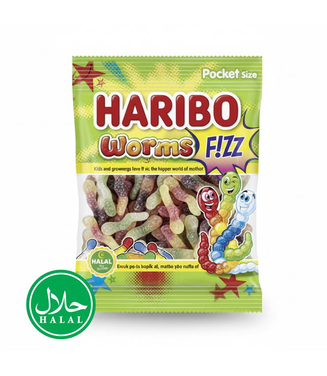 Haribo Fizz Würmer Halal Fruchtgummi, wiederverschließbare Tüte, 100 g