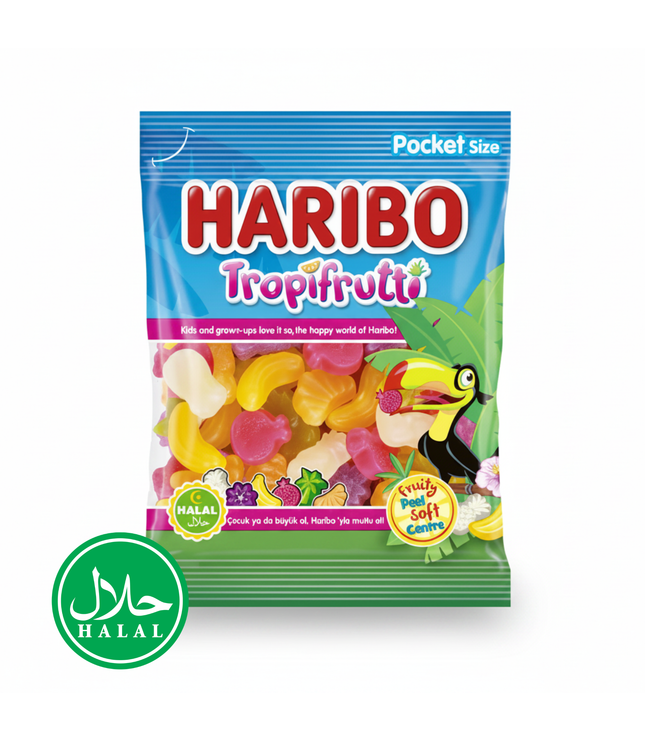 Haribo Tropi Frutti Halal Fruchtgummi-Tüte mit buntem Fruchtgummi