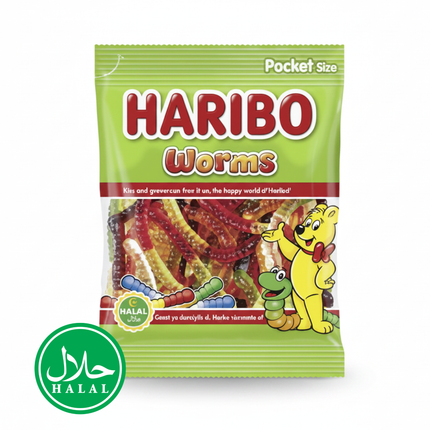 Haribo Halal Fruchtgummi-Würmer, Pocket-Size Beutel mit Wurm-Motiv