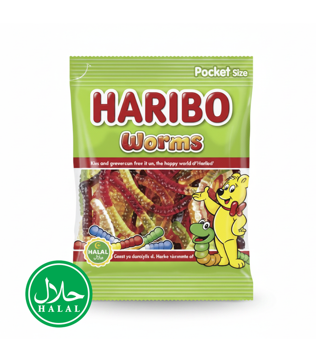 Haribo Halal Fruchtgummi-Würmer, Pocket-Size Beutel mit Wurm-Motiv