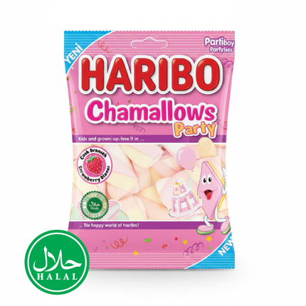 Haribo Chamalows Party Marshmallows, halal verpackte Süßigkeitstüte mit rosa Design
