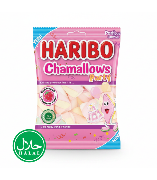 Haribo Chamalows Party Marshmallows, halal verpackte Süßigkeitstüte mit rosa Design