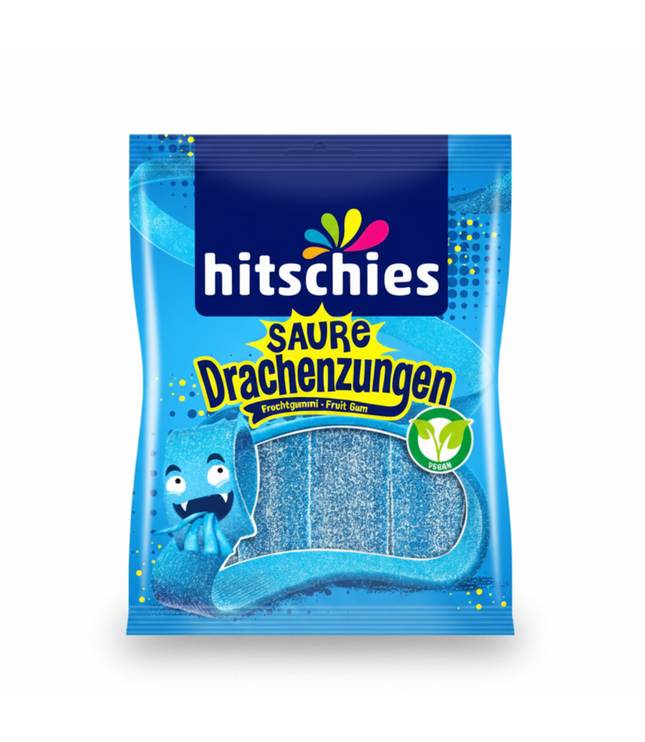 Saure Drachenzungen-Gummibärchen, blaue Tüte mit Comic-Drache und Logo