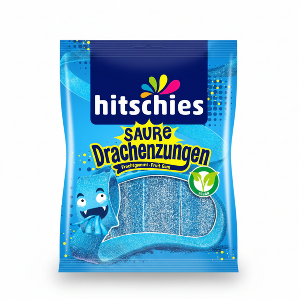 Saure Drachenzungen-Gummibärchen, blaue Tüte mit Comic-Drache und Logo