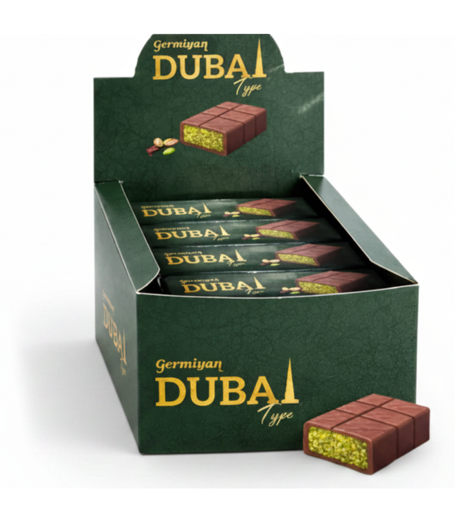 Germiyan Dubai Chocolate Typ Box mit Schokoriegeln, grüne Verpackung