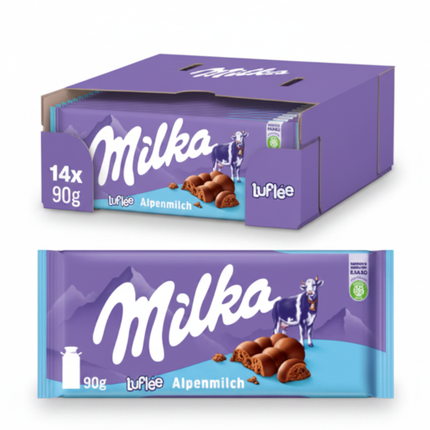 Milka luflee Alpenmilch-Schokolade 14x90g: Packung und Riegel
