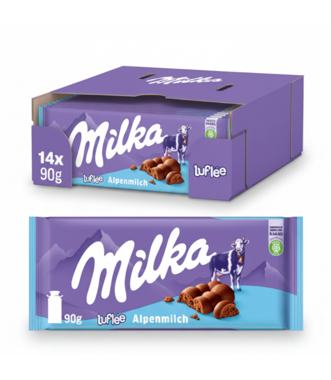 Milka luflee Alpenmilch-Schokolade 14x90g: Packung und Riegel