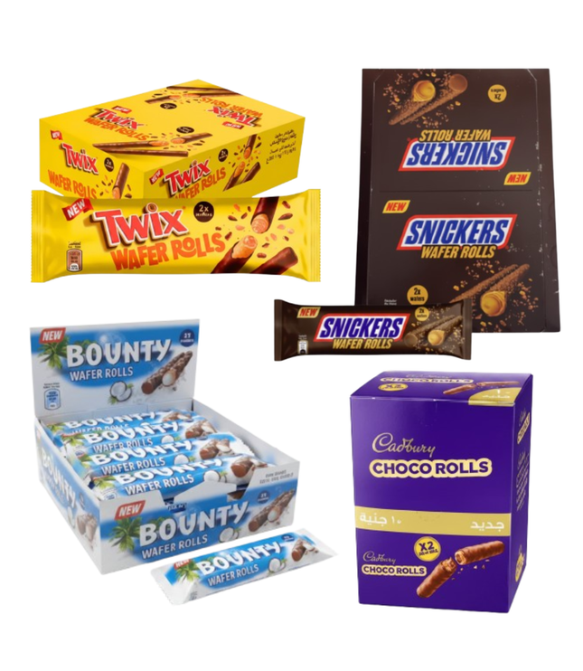 Schokowafer-Rolls Komplettset in mehreren Packungen (Twix, Snickers, Bounty, Cadbury)