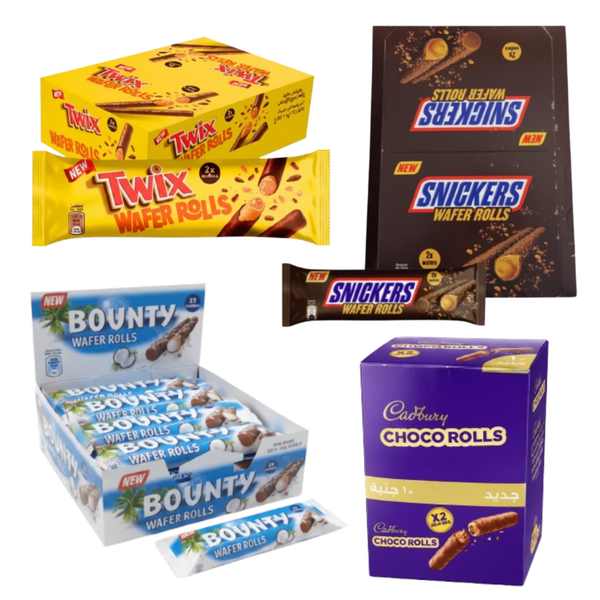 Schokowafer-Rolls Komplettset in mehreren Packungen (Twix, Snickers, Bounty, Cadbury)
