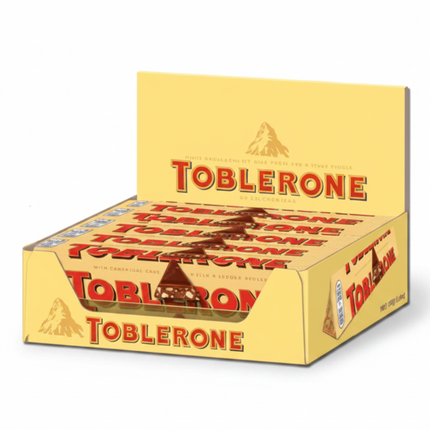 Toblerone Schokoladenpackung mit Packungskarton und Schokoladestücken