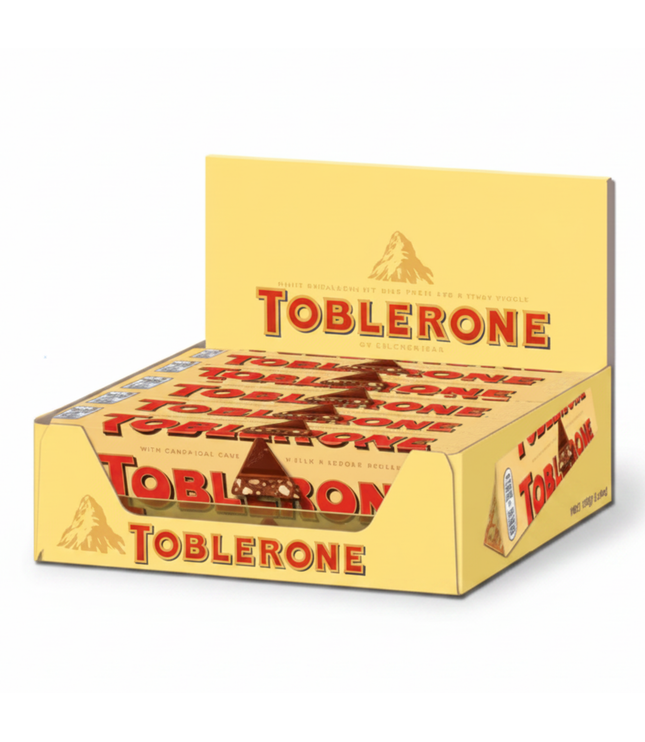 Toblerone Schokoladenpackung mit Packungskarton und Schokoladestücken