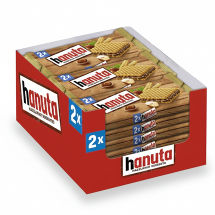 Hanuta Doppelpackung: rote Kartonverpackung mit Schokowaffelabbildungen