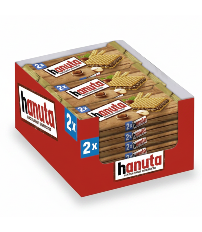 Hanuta Doppelpackung: rote Kartonverpackung mit Schokowaffelabbildungen