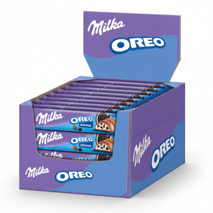 Schokoladenriegel-Box mit Milka Oreo Riegeln, Packung im Vorderansicht