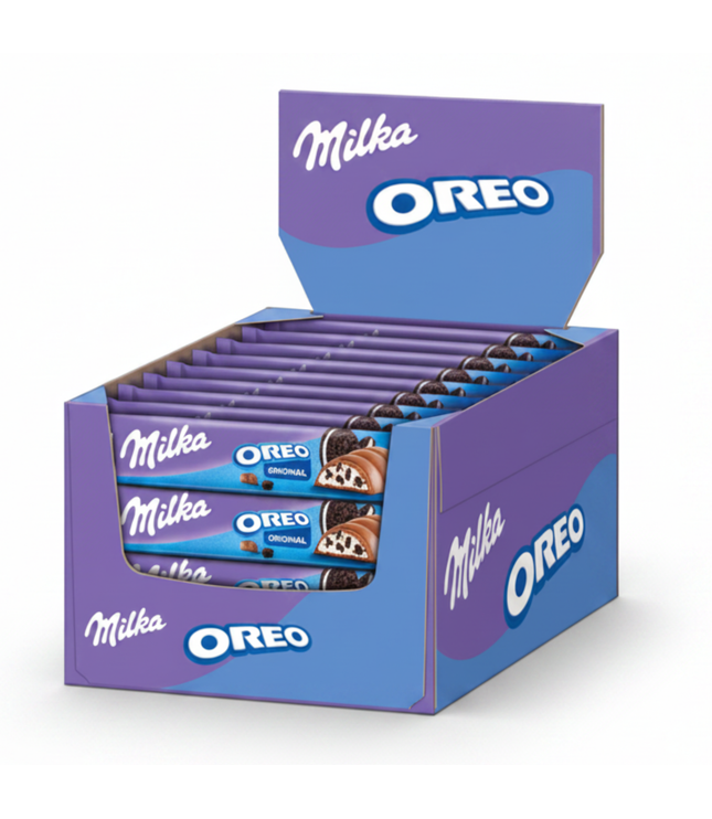 Schokoladenriegel-Box mit Milka Oreo Riegeln, Packung im Vorderansicht