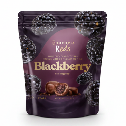 Chocovia Beutel mit gefriergetrockneten Brombeeren in Vollmilchschokolade, Frontansicht