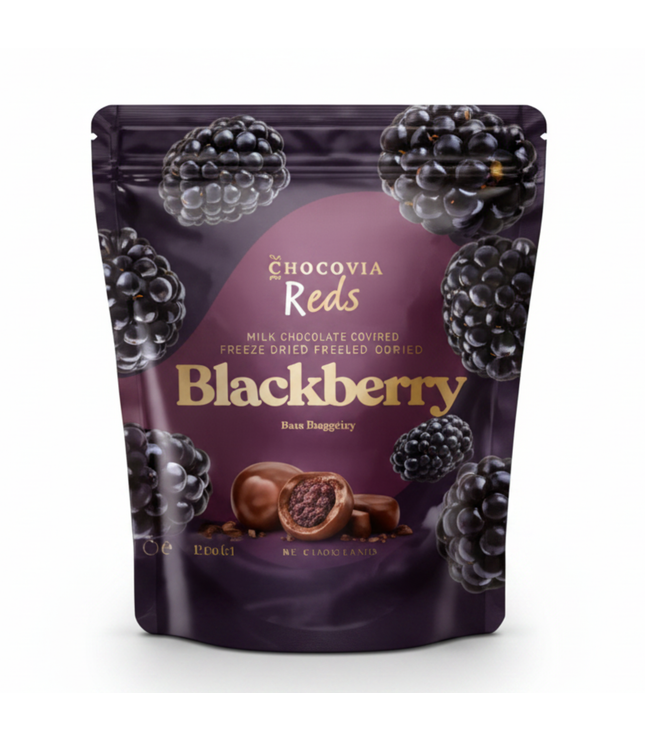 Chocovia Beutel mit gefriergetrockneten Brombeeren in Vollmilchschokolade, Frontansicht