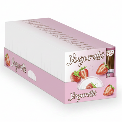 Yogurette Packung mit Erdbeer-Joghurt Schokoriegeln, pinkes Kartonformat