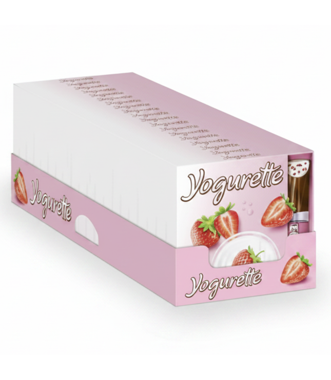Yogurette Packung mit Erdbeer-Joghurt Schokoriegeln, pinkes Kartonformat