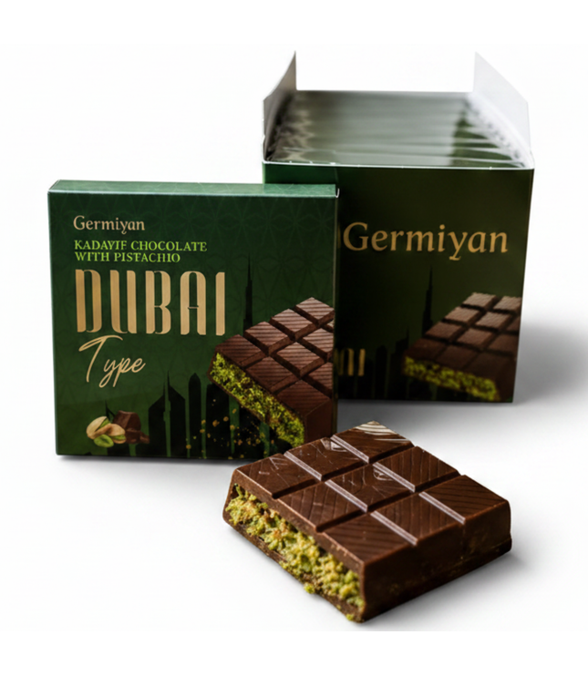 Schachtel und Schokoladentafel der Schokoladen-Kadayif mit Pistazien, braune Stücke