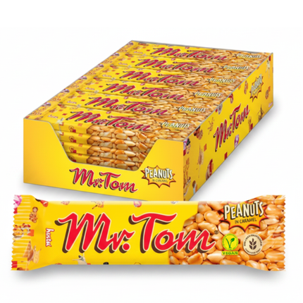 Erdnussriegel-Box und Riegel „Mr. Tom“ mit Karamell, gelb verpackt