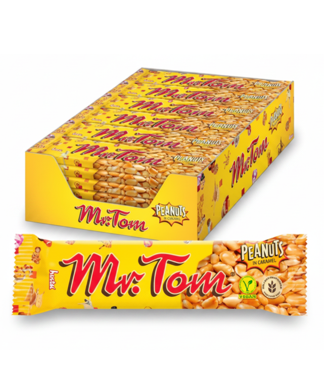 Erdnussriegel-Box und Riegel „Mr. Tom“ mit Karamell, gelb verpackt