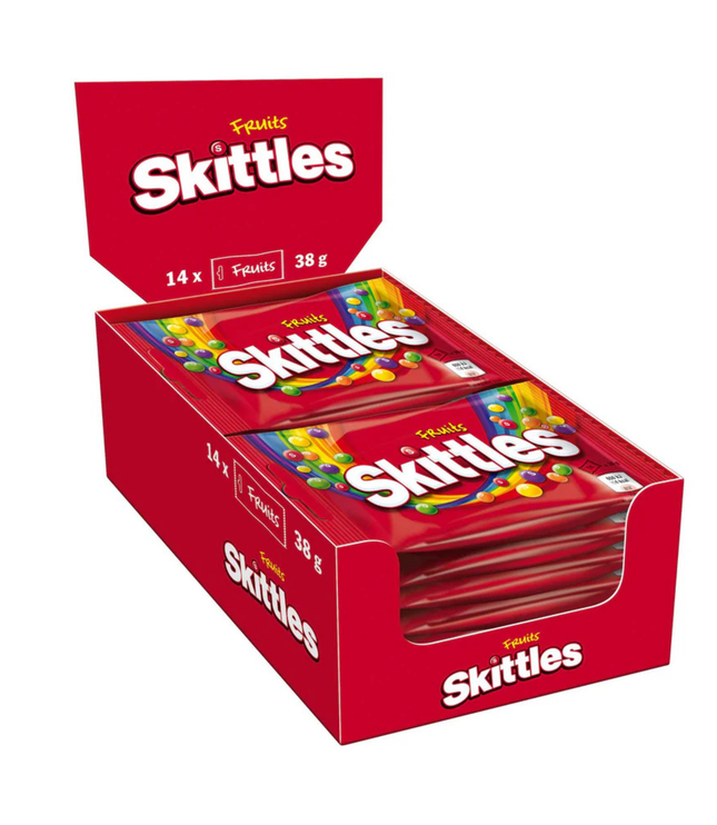 Skittles-Fruchtbonbons-Mehrpack mit rotem Karton und Sichtfenster, 14×38 g