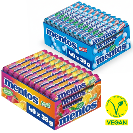 Mentos Kaubonbons Multipack: 40 Rollen Fruit & Mint in Boxen