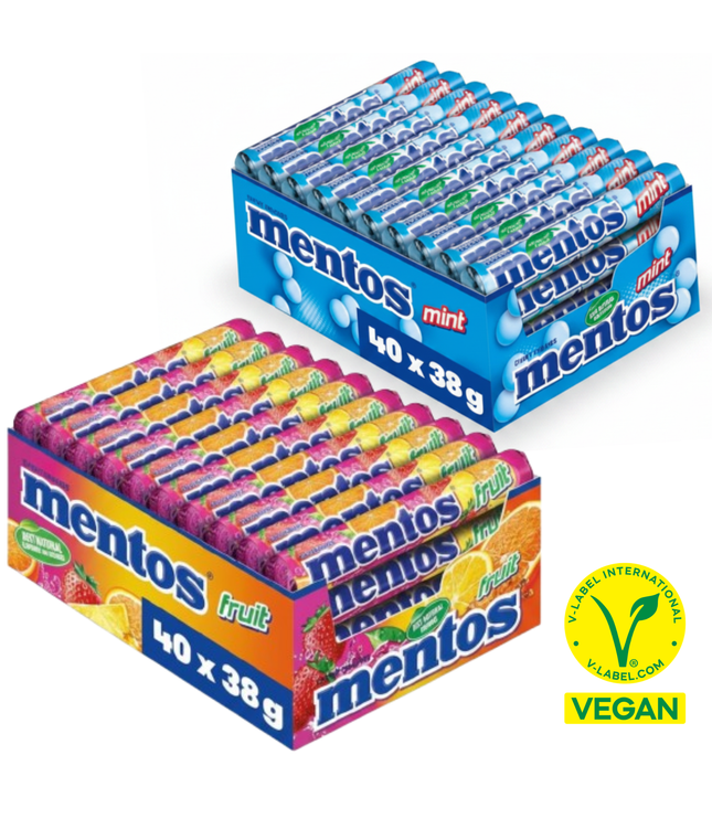 Mentos Kaubonbons Multipack: 40 Rollen Fruit & Mint in Boxen