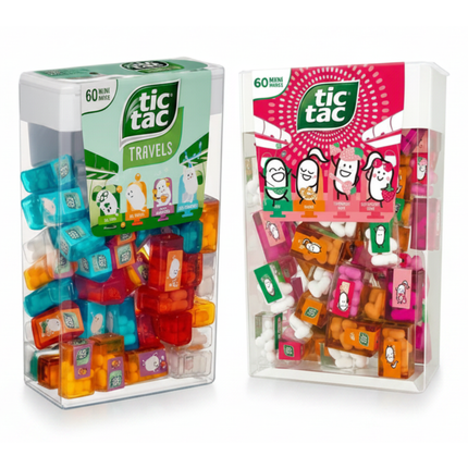 Tic Tac Travels Mini-Boxen (60 Stück) in Kunststoffbox, blau-grün und pink sortiert