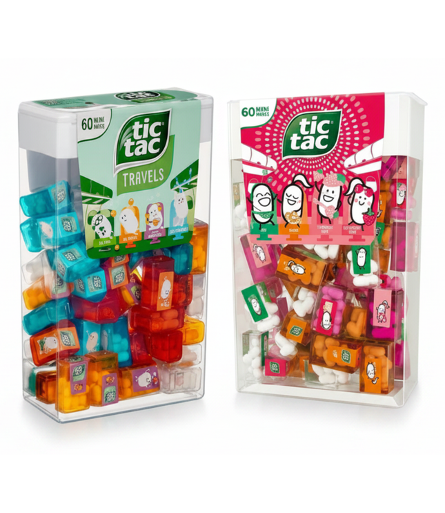 Tic Tac Travels Mini-Boxen (60 Stück) in Kunststoffbox, blau-grün und pink sortiert
