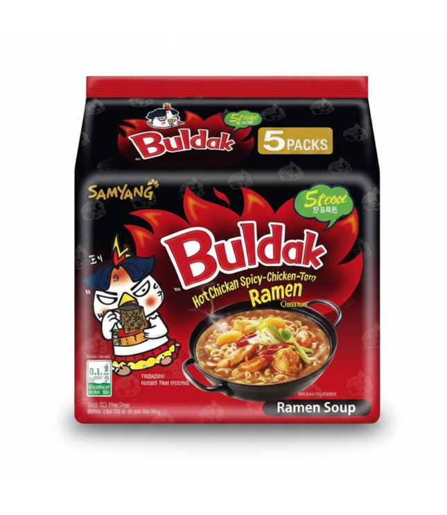 Samyang Buldak Chicken Spicy Ramen, 5er-Pack Instant-Nudeln, schwarz-rote Front