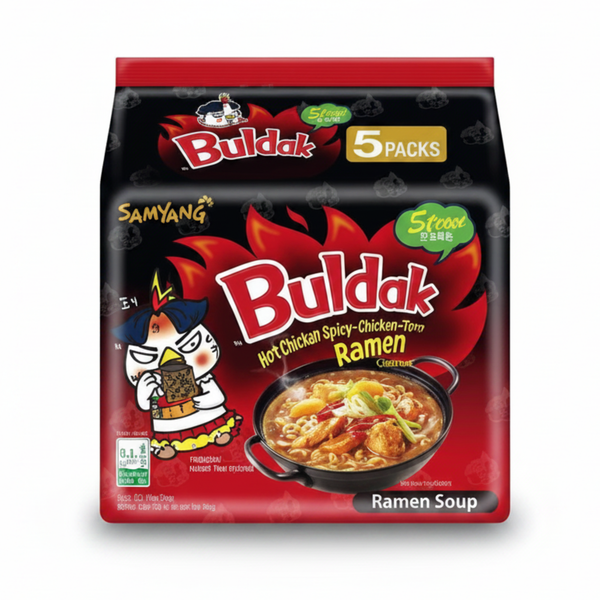 Samyang Buldak Chicken Spicy Ramen, 5er-Pack Instant-Nudeln, schwarz-rote Front