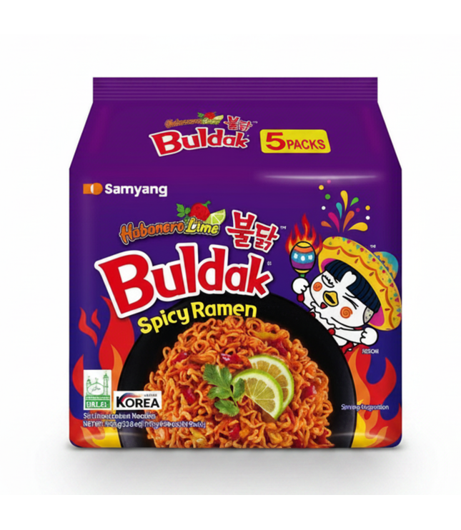 5er-Pack Ramen Buldak Habanero-Lime in violetter Verpackung mit Limettengrafik