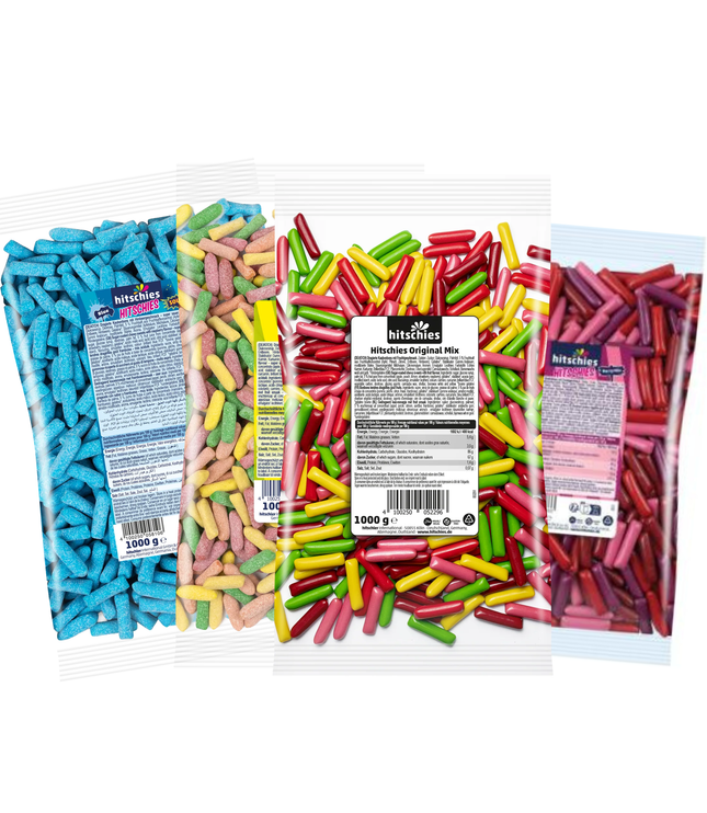 Mehrere Hitschies-Mix-Beutel mit bunten gezuckerten Stiften, offen präsentiert