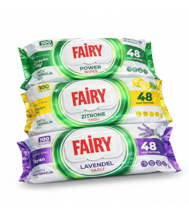 Reinigungs-Tücher in Packungen: Fairy Power Wipes (Power, Zitrone, Lavendel), je 48 Tücher.
