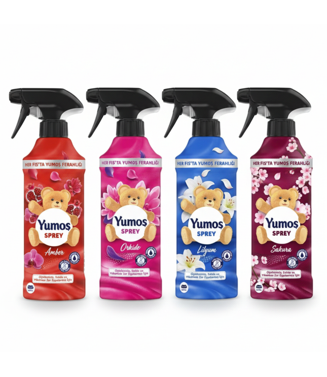 4er-Set Raumspray-Flaschen Yumos mit Sprühköpfen: Amber, Orkide, Lilyum, Sakura