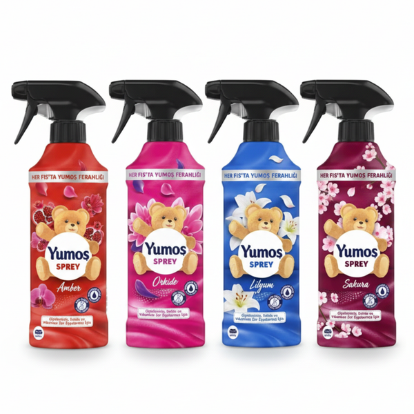 4er-Set Raumspray-Flaschen Yumos mit Sprühköpfen: Amber, Orkide, Lilyum, Sakura