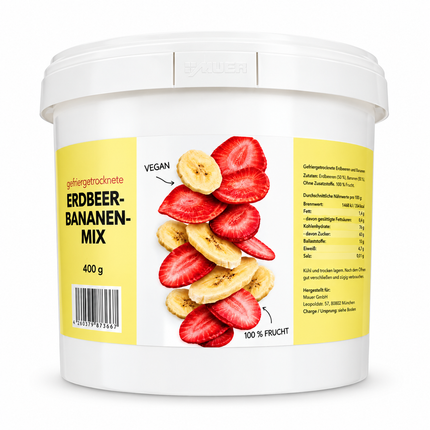 Gefriergetrockneter Erdbeer-Bananen-Mix in weißem 400-g Eimer mit gelber Kennzeichnung