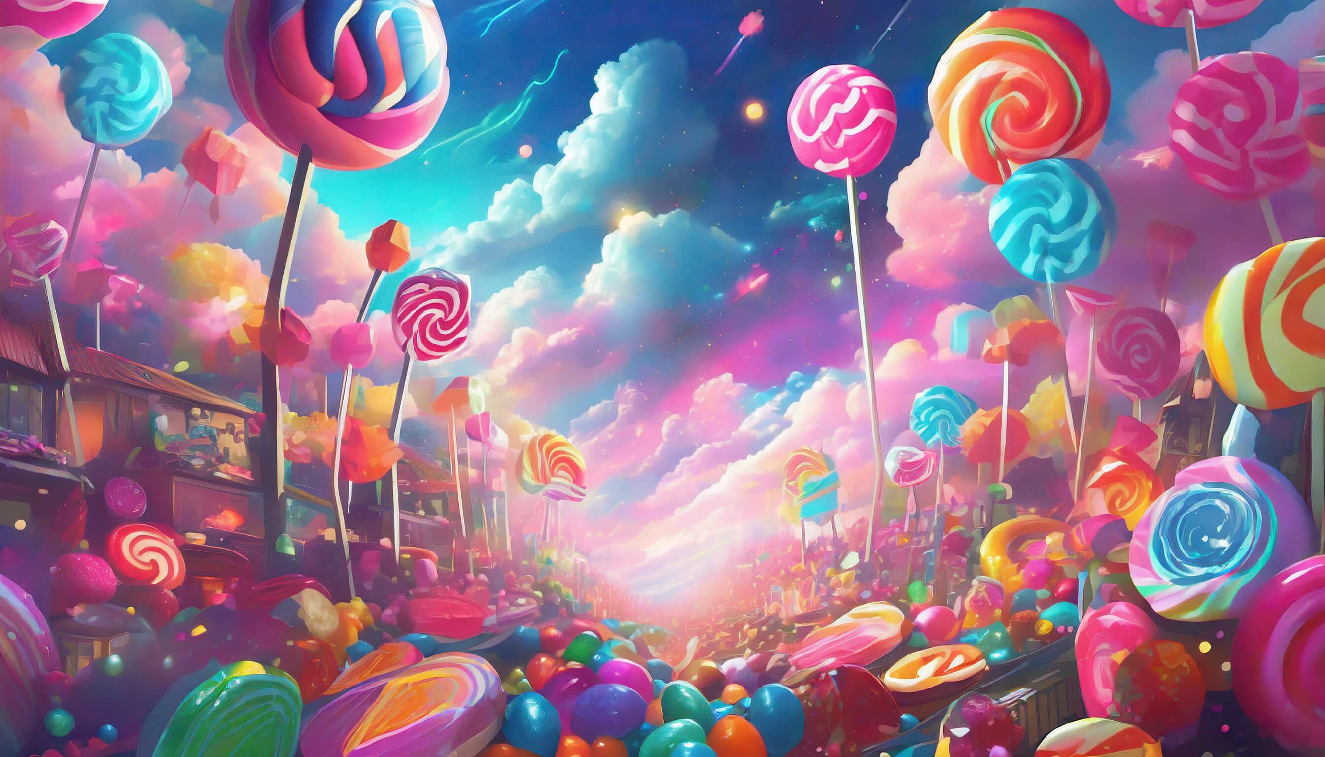 Farbenfrohes Candyland mit verschiedenen Lollipops und Bonbons unter einem pastellfarbenen Himmel.