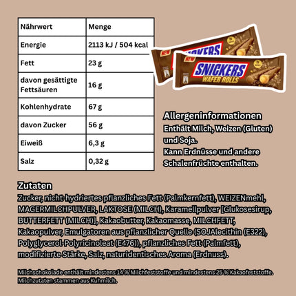 Nährwerte- und Zutatenangaben neben einer Snickers Wafer Rolls Packung