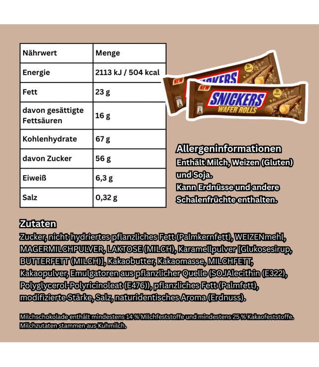 Nährwerte- und Zutatenangaben neben einer Snickers Wafer Rolls Packung