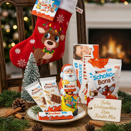 Kinder-Schokolade-Mix mit Schoko-Bons und weiteren Sorten, Geschenkset auf Teller