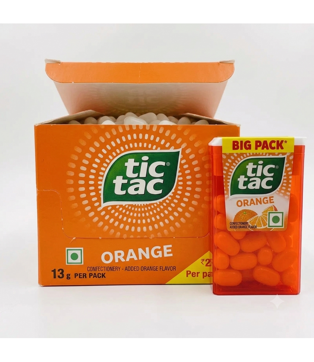 Tic tac Orange Süßigkeitenset: orangefarbene Kartonpackung und Einzelpackung mit Bonbons