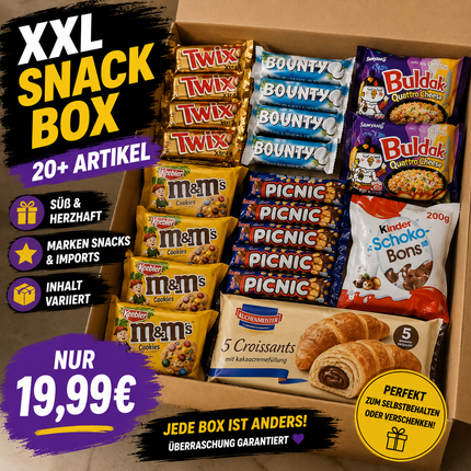 Offene Snackbox mit verschiedenen verpackten Süßigkeiten und kleinen Snacks